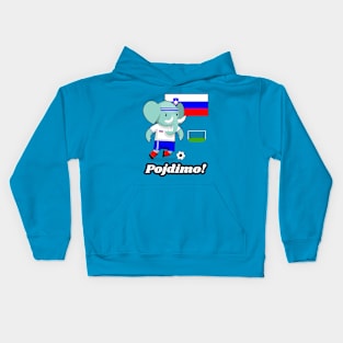 ⚽ Slovenia Football, Elephant Scores a Goal, Pojdimo! Team Spirit Kids Hoodie